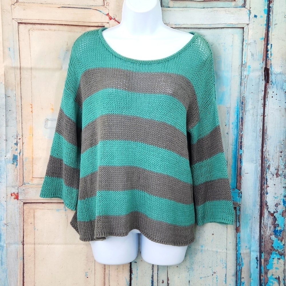 Wooden Ships Mint‎ Green Gray Striped Short Sweater
